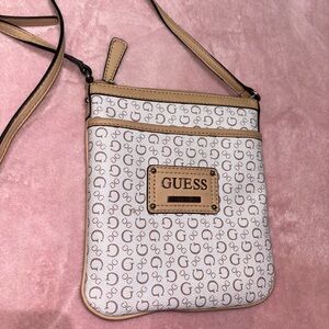 GUESS White With Beige Monogram Crossbody